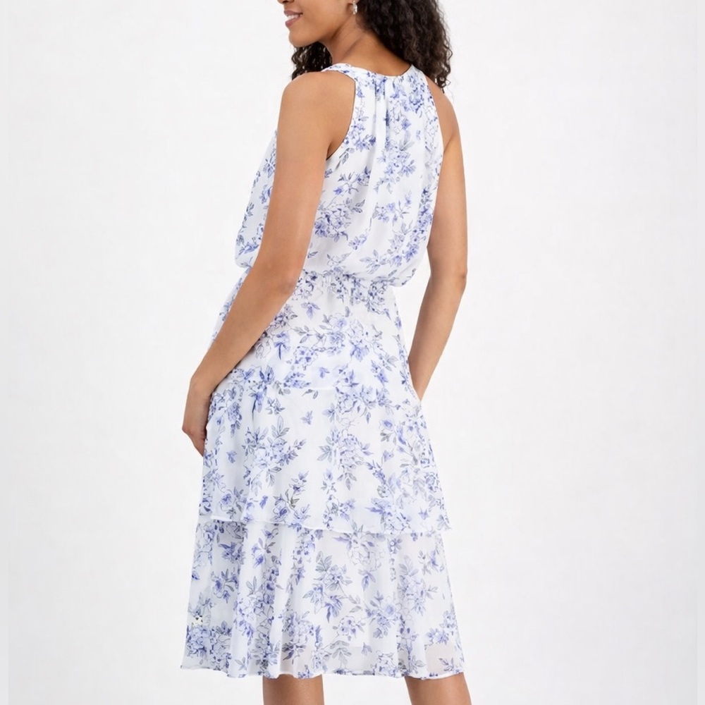 🆕✨Signature byRobbieBee Blue Floral Tiered Midi Dress Size 6 White Chinoiserie - Picture 3 of 15